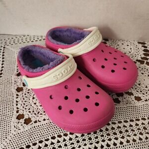 Crocs Classic Fuzz Lined Clogs Pink Purple Girls Kids Junior Size J2 Slip On